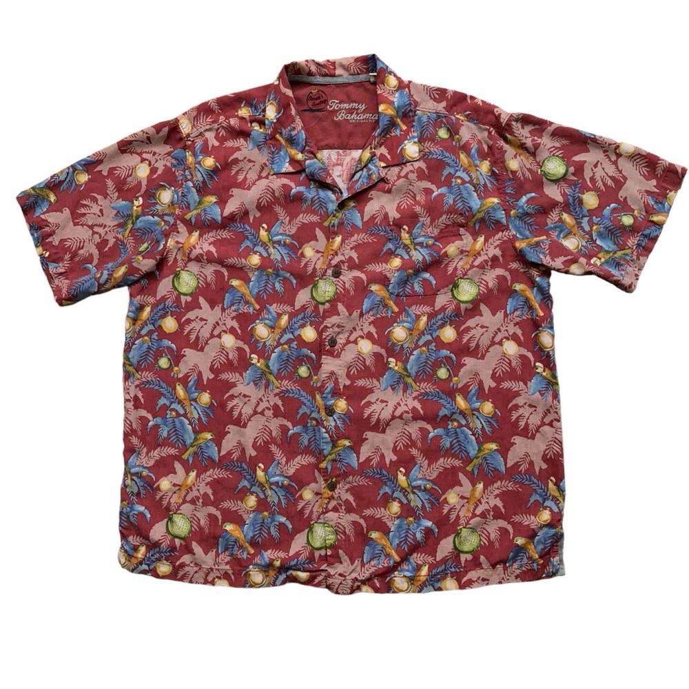 Tommy Bahama Shirt Mens Size XL Hawaiian Silk Season's Greetings Christmas Red